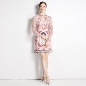 RM5809#新款小个子仙女裙连衣裙收腰显瘦长袖网纱花边渲染裙子