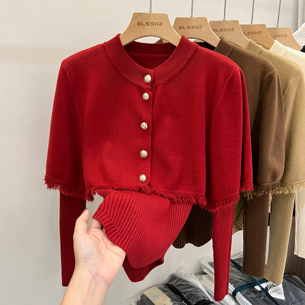 KM30533#红色针织衫女毛衣开衫两件套秋冬上衣打底衫女外搭潮