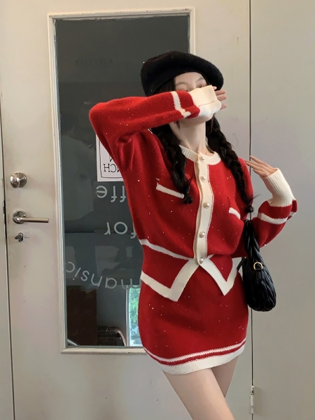 KM30597#复古时髦小香风针织套装女小众高级感短款毛衣外套半裙红色两件...