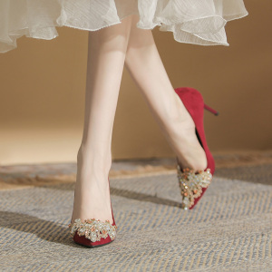 X-28909# 红色高跟鞋尖头小众时尚尖头细跟新娘鞋伴娘鞋婚纱两穿 鞋子批发女鞋直播货源
