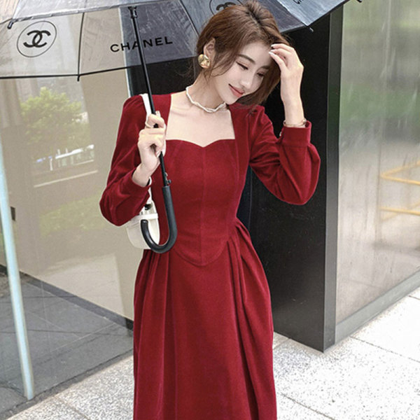 KM31030#小个子法式战袍红色连衣裙子高级感长裙秋冬季女新款