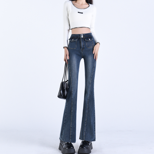 RM858#大码春秋高腰弹力牛仔裤女小众设计感复古显瘦微喇拖地长裤子