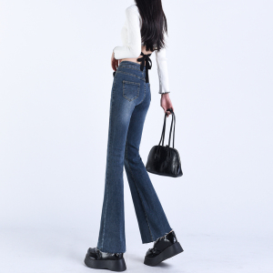 RM858#大码春秋高腰弹力牛仔裤女小众设计感复古显瘦微喇拖地长裤子