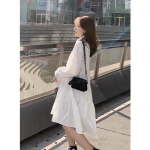 TR10389# 春季新款韩版chic纯色长袖单排扣衬衫连衣裙小白裙 服装批发女装服饰货源