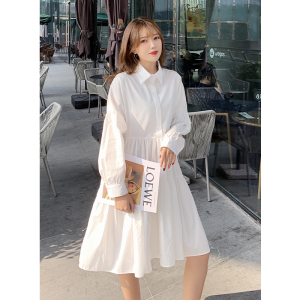 TR10389# 春季新款韩版chic纯色长袖单排扣衬衫连衣裙小白裙 服装批发女装服饰货源