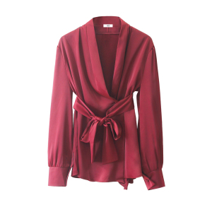 RM1040#韩系气质法式复古浪漫V领纯色绸缎系带衬衣女