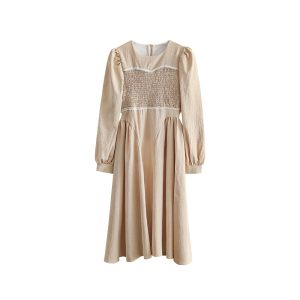 RM1039#新款法式Chic气质钉珠泡泡袖抽褶显瘦连衣裙