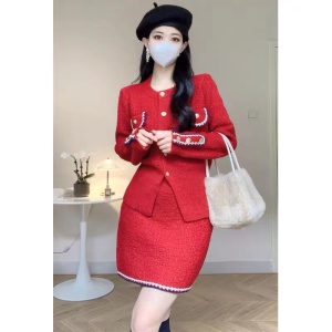 KM30864#小香风名媛气质小洋装过新年红色高级感小个子针织两件套装裙秋冬