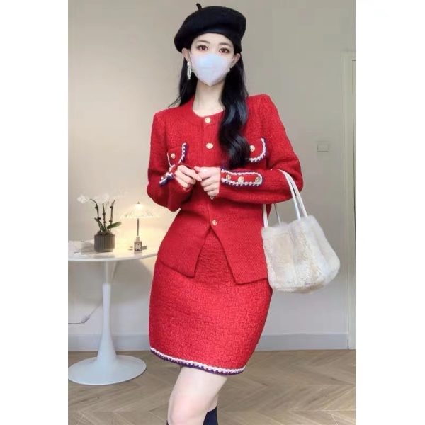 KM30864#小香风名媛气质小洋装过新年红色高级感小个子针织两件套装裙秋...