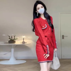 KM30864#小香风名媛气质小洋装过新年红色高级感小个子针织两件套装裙秋冬