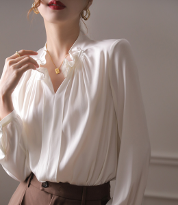 KM30689#白色真丝上衣女设计感小众秋季新款长袖法式荷叶边衬衫桑蚕丝衬衣