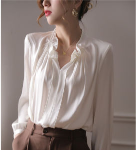 KM30689#白色真丝上衣女设计感小众秋季新款长袖法式荷叶边衬衫桑蚕丝衬衣