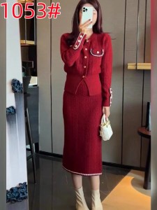 KM30670#茶里茶气冬装搭配一整套小香风过年红色针织开衫半裙两件套装裙冬