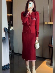 KM30670#茶里茶气冬装搭配一整套小香风过年红色针织开衫半裙两件套装裙冬