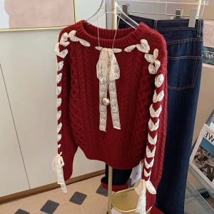 KM30700#红色蝴蝶结系带套头毛衣女2022年秋冬新款复古慵懒洋气短款针织衫
