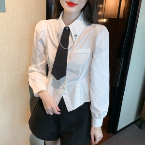 KM30832#白色法式领带衬衫女设计感小众百搭显瘦洋气上衣