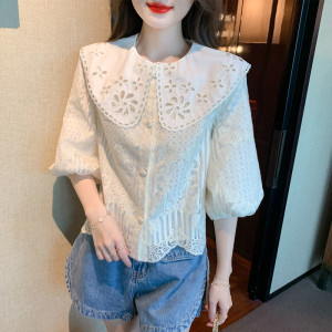KM30833#春季新款镂空泡泡袖娃娃领上衣女设计感小众甜美衬衫