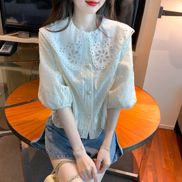 KM30833#春季新款镂空泡泡袖娃娃领上衣女设计感小众甜美衬衫