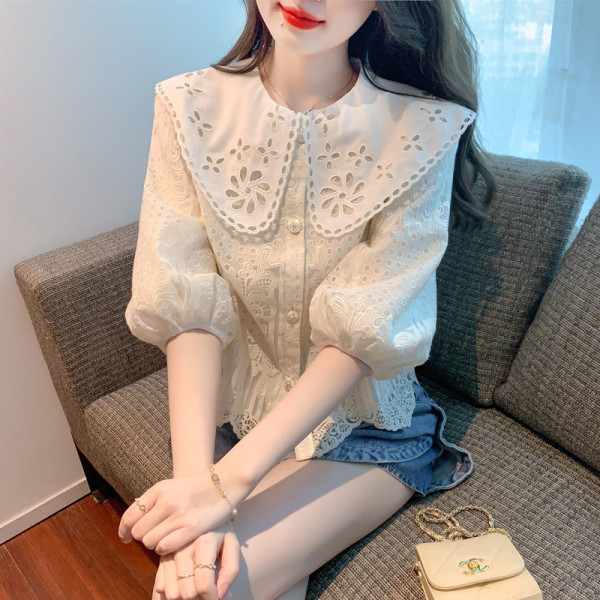 RM2225#夏季新款镂空泡泡袖娃娃领上衣女设计感小众甜美衬衫