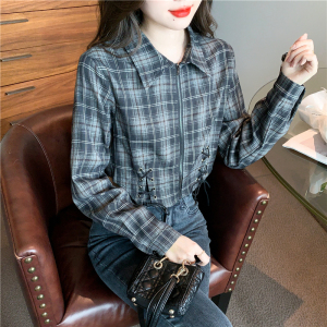 KM30842#春季不规则格子长袖衬衫外套女韩系设计感短上衣