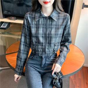 KM30842#春季不规则格子长袖衬衫外套女韩系设计感短上衣