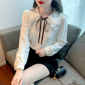 KM31009#春季新款娃娃领系带简约法式蝴蝶结白色衬衫女上衣