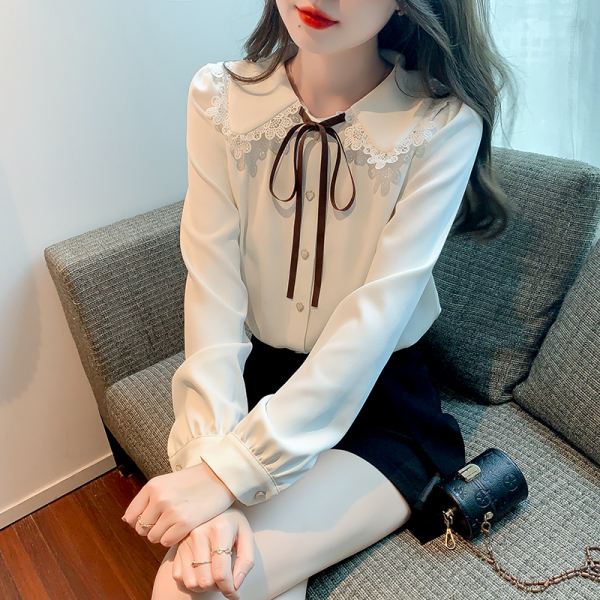 KM31009#春季新款娃娃领系带简约法式蝴蝶结白色衬衫女上衣
