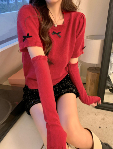 TR10488# 春季新款韩版红色宫廷泡泡袖短款针织上衣袖套女 服装批发女装服饰货源