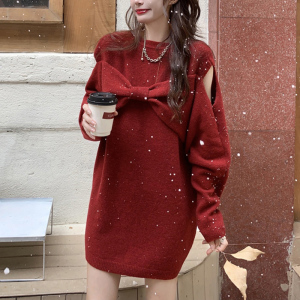 KM30927#红色连衣裙子女装秋冬2022年新款长袖宽松显瘦小众高级感温柔气质
