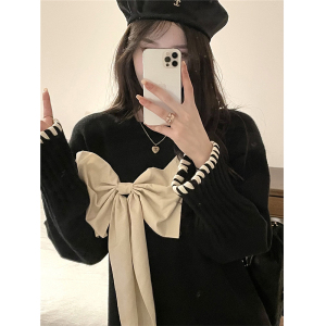 KM30928#韩系慵懒风蝴蝶结黑色毛衣女冬季小众设计感2022新款奶系穿搭上衣