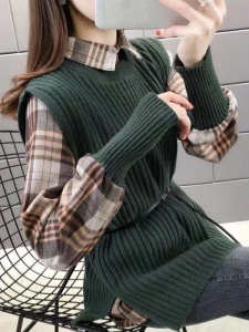 KM30919#春秋季款针织衬衣马甲两件套毛衣格子衬衫女背心套装