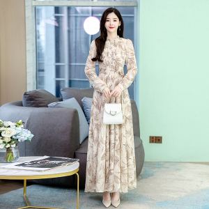 RM846#新款修身长袖提花雪纺连衣裙气质大摆长裙女