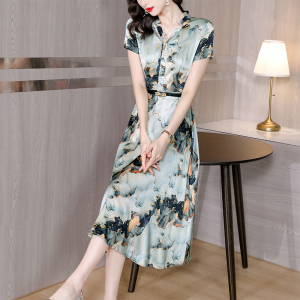 RM5466#夏季新款醋酸缎面短袖印花连衣裙显瘦洋气遮肚女装