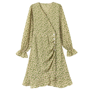 TR46497# 连衣裙春季新款绿色碎花小个子开衫V领泡泡袖 服装批发女装批发服饰货源