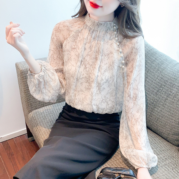 RM5710#新款蕾丝衫/雪纺衫韩版标准春秋套头荷叶领灯笼袖