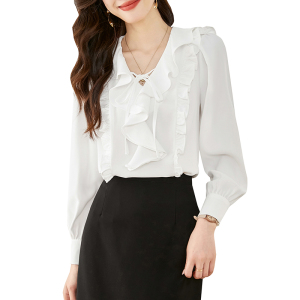 RM1006#新款法式荷叶边系带白色衬衫女v领设计感上衣衬衣