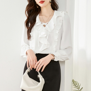 RM1006#新款法式荷叶边系带白色衬衫女v领设计感上衣衬衣