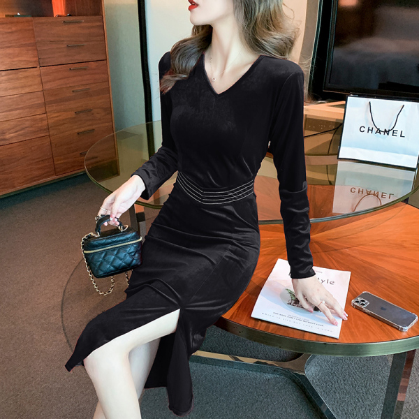 RM21095#连衣裙2023秋季新款长袖中长款显瘦小黑裙包臀裙