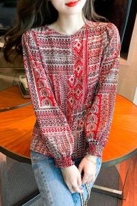 RM22694#新款复古几何印花雪纺衫女设计感圆领时尚褶皱小衫