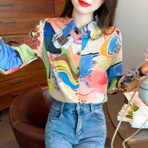 RM22696#新款个性印花衬衣女设计感小众缎面气质花衬衫