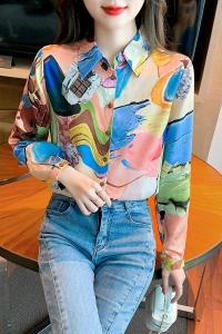 RM22696#新款个性印花衬衣女设计感小众缎面气质花衬衫