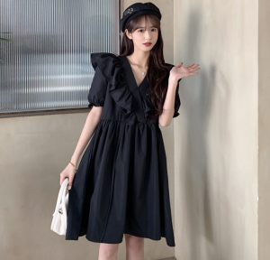 RM47#夏季新款大码女装收腰气质V领泡泡袖小众连衣裙 M-4XL200斤