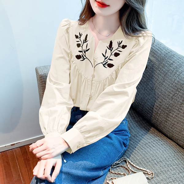 RM1274#新款韩版甜美刺绣显瘦减龄宽松单排扣泡泡袖衬衫