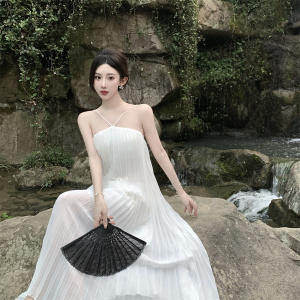 PS21024#  超仙海边雪纺度假白色百褶性感显瘦露背仙女吊带连衣裙