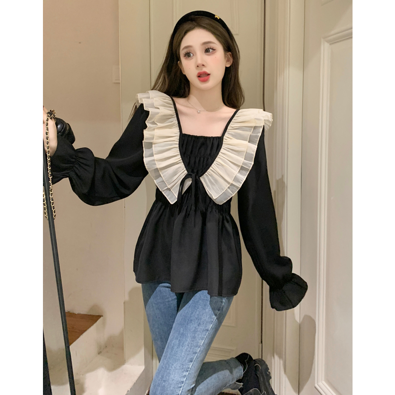 2024 Spring Plus Size Women's Simple Korean Style Ruffled Shirt Loose and Comfortable Long Sleeve Large Size Top