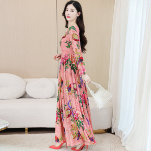 RM5828#法式碎花连衣裙复古印花裙子女足踝超长气质收腰长袖度假风大摆裙
