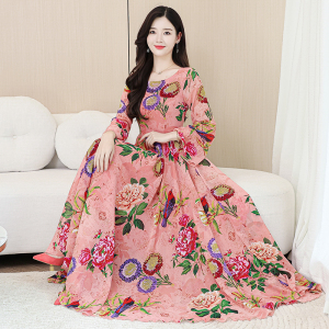 RM5828#法式碎花连衣裙复古印花裙子女足踝超长气质收腰长袖度假风大摆裙
