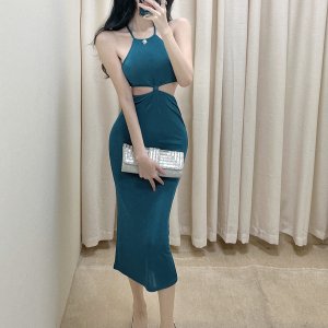 Solid color waist hanging neck holiday beach dress