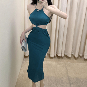Solid color waist hanging neck holiday beach dress