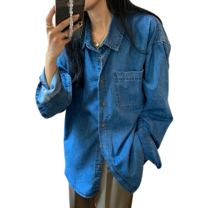 RM220#新款上衣港风蓝色牛仔衬衣设计感小众日系衬衫外套女秋冬季